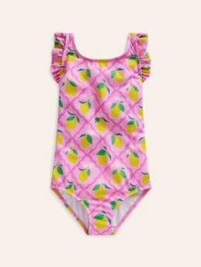 Mini Boden Pink Lemon Print Ruffle Shoulder Swimsuit